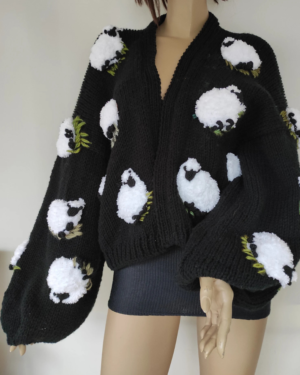 Women's Gifted Knitted Sheep Cardigan: Chunky Wool Blend Outfit