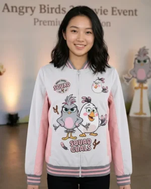 Angry Birds Part 3 2026: Bomber Style Pink & Grey Fabric Movie Premium Jacket