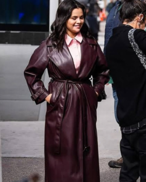 Only Murders in the Building S06 2026: Selena Gomes (Mable Mora) Burgundy Leather Trench Coat